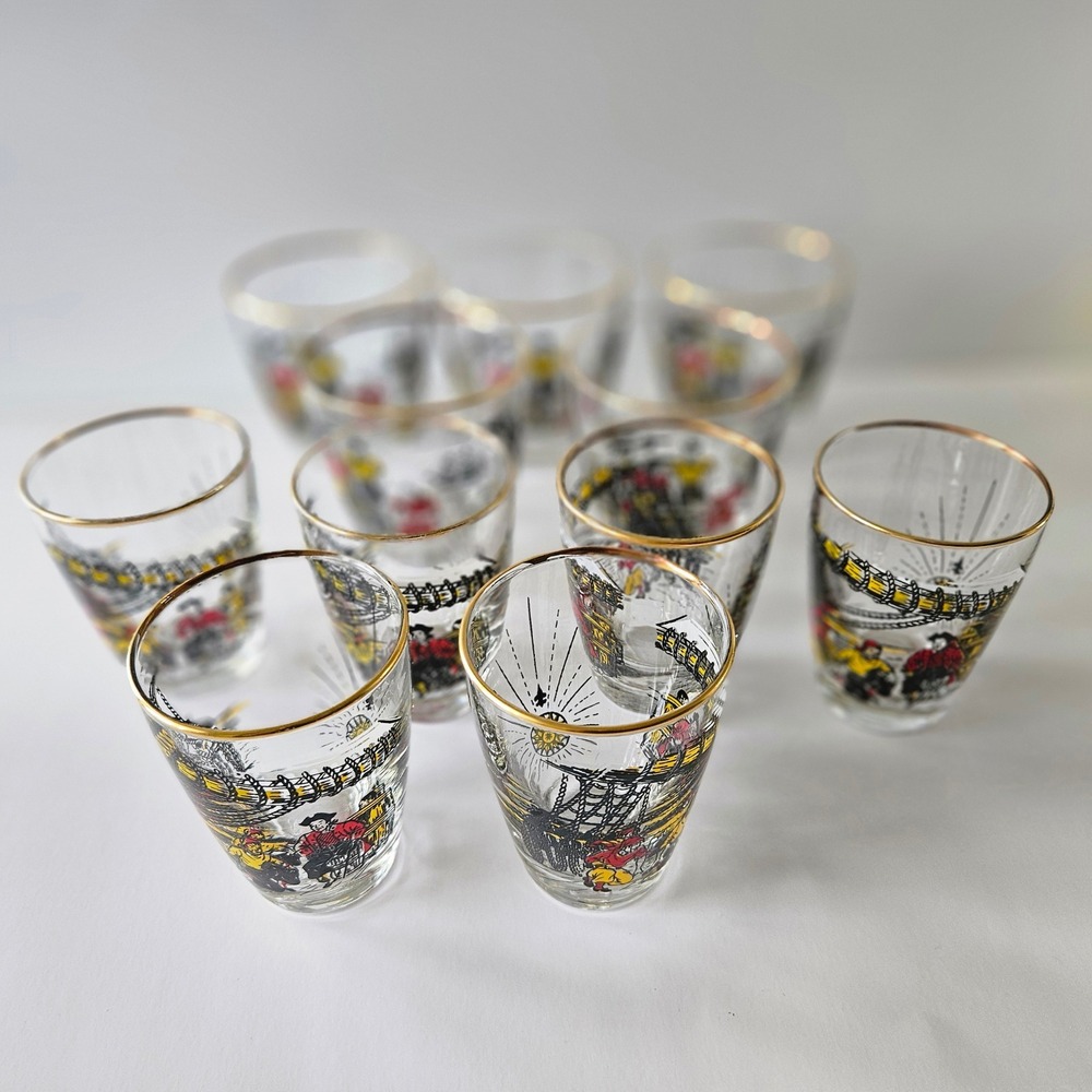 Libbey Treasure Island Glasses Barware 11 COUNT Shot Rocks Vintage Gold-rimmed